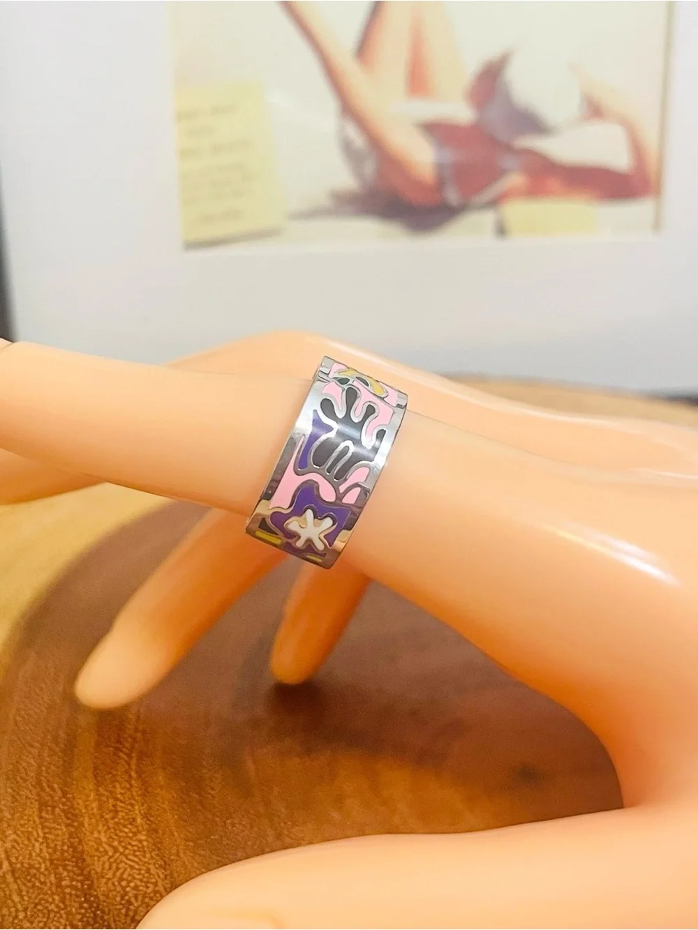 Colorful Enamel Abstract Floral White Gold Filled Retro Wide Band Ring NWOT